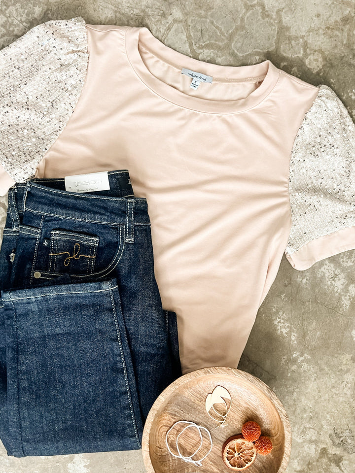 Sequin Sleeve Detailed Top In Nude