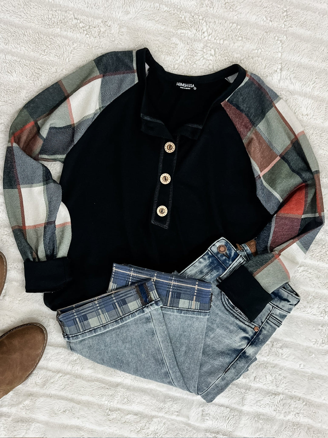 Button Front Henley With Plaid Sleeves In Black