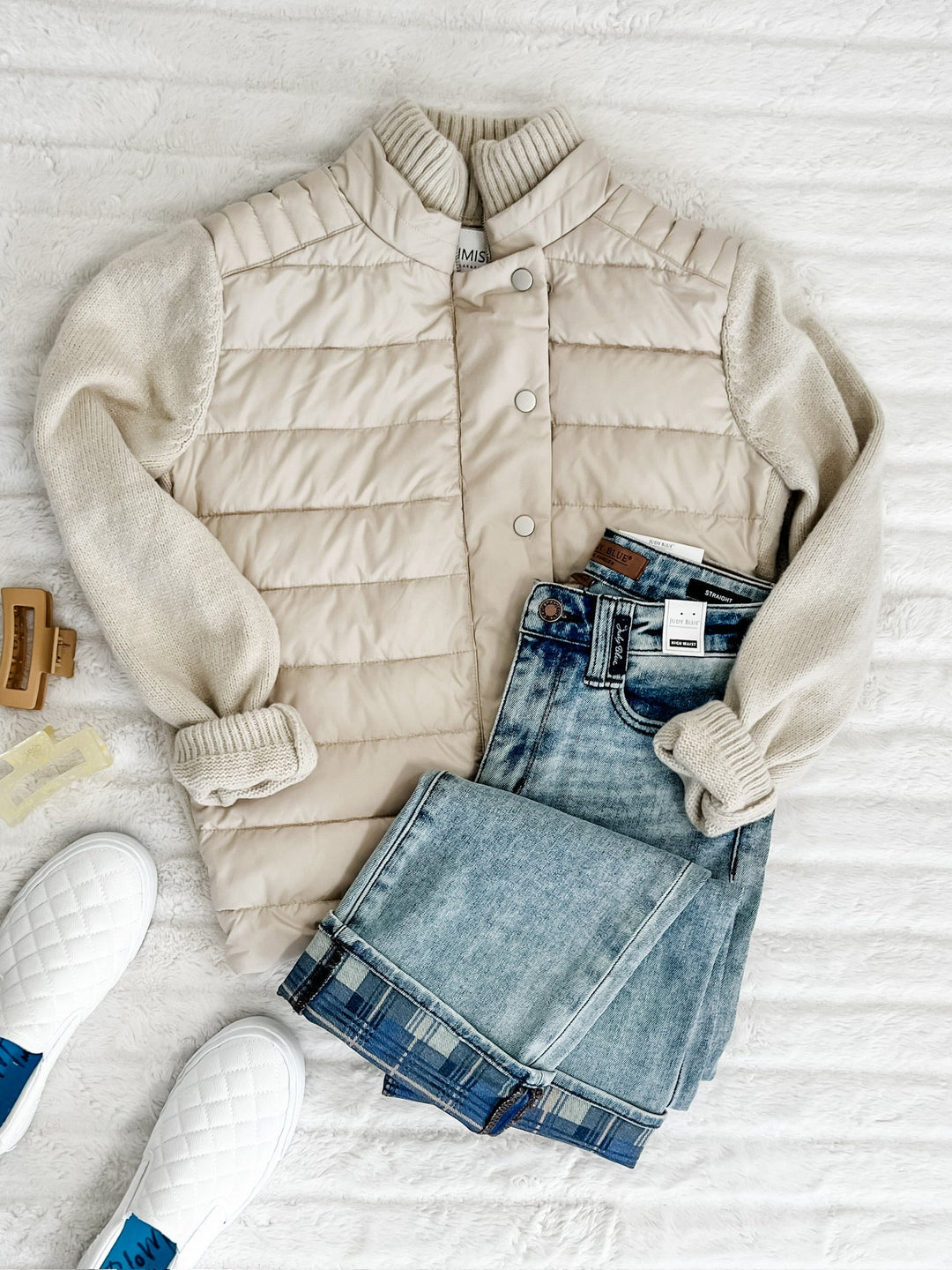 Puffer Sweater Jacket With Knit Detail In Vanilla