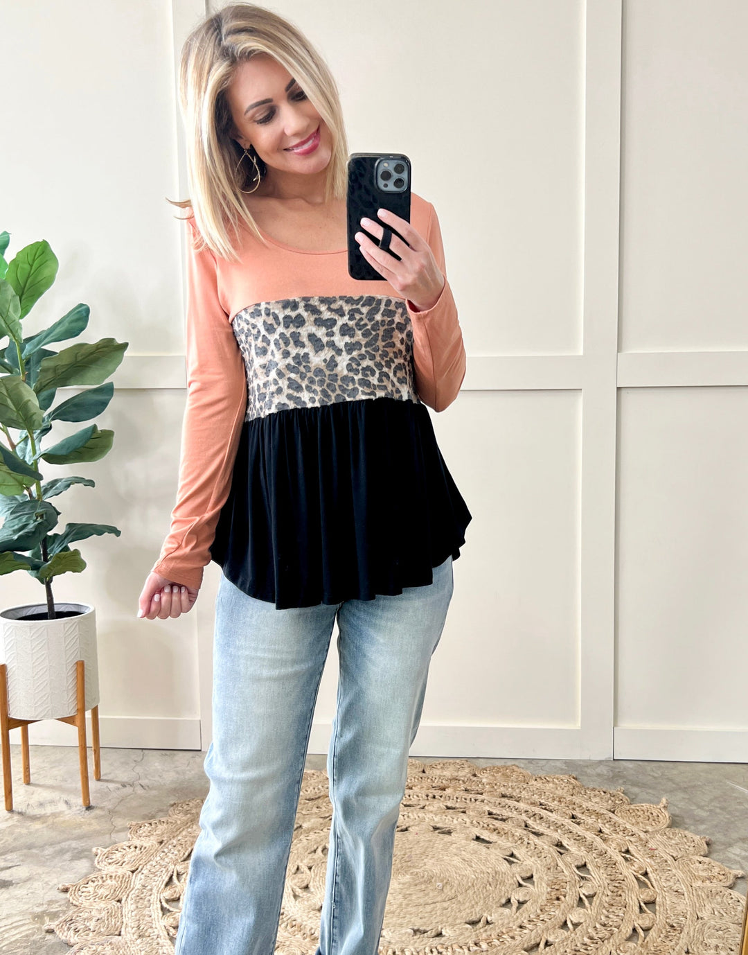 Color Block Tiered Babydoll Top With Leopard