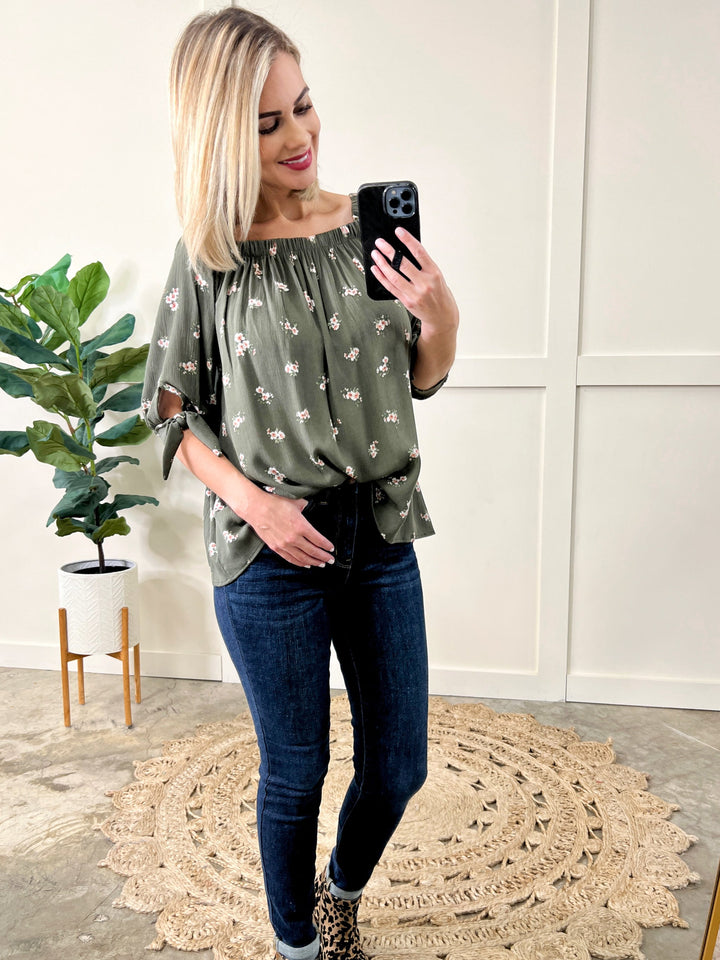 Olive Floral Tie Sleeve Top