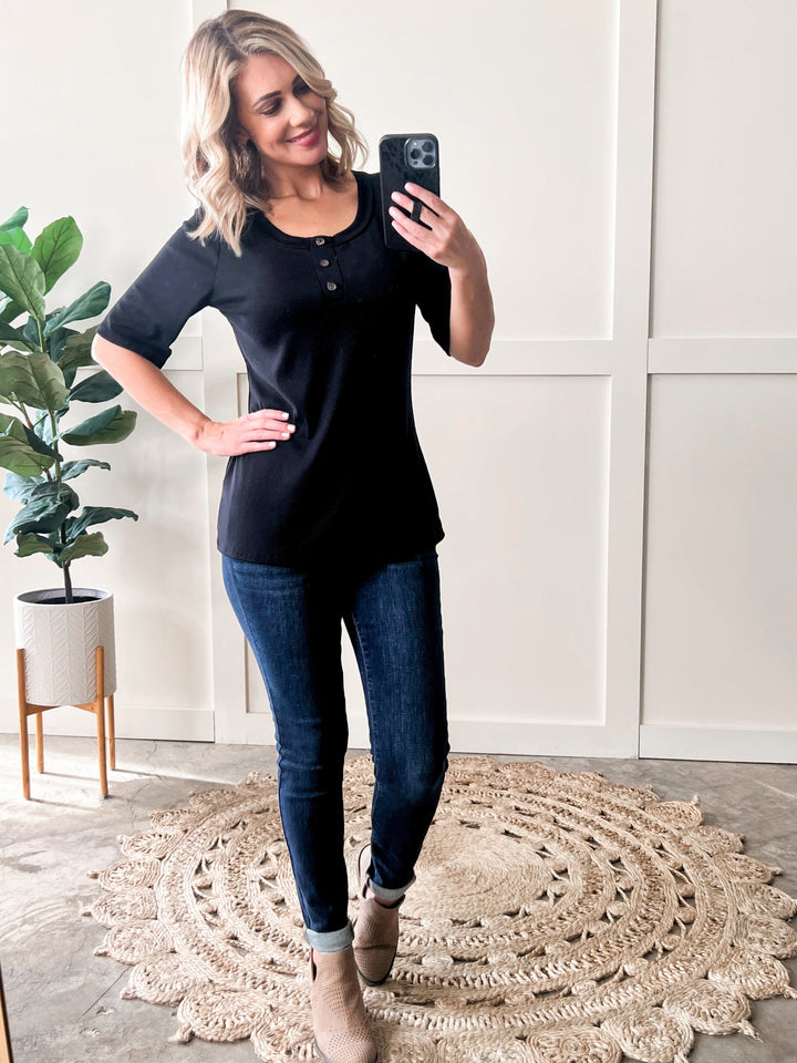 Decorative Button Front Henley Top In Black