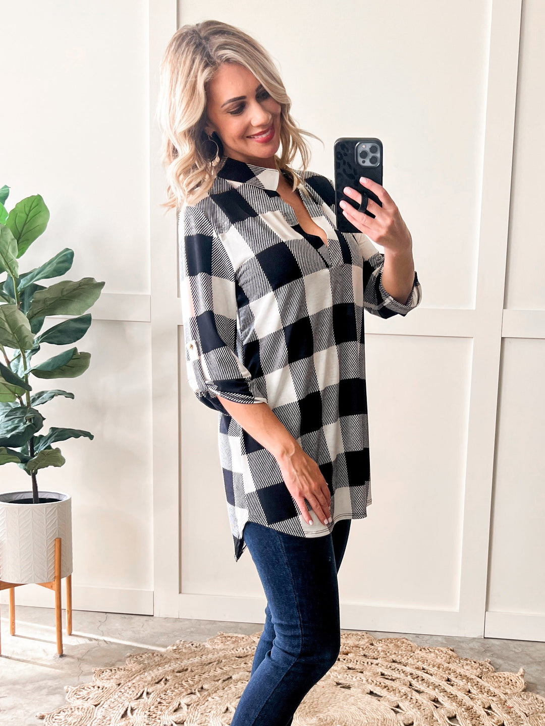 Gabby Front Tunic Top With Button Sleeve Detail In Black & White Plaid