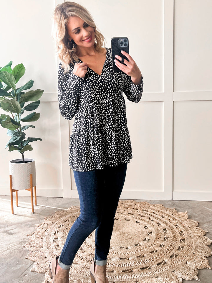 Tie Front Tiered Top In Black & White Animal Print