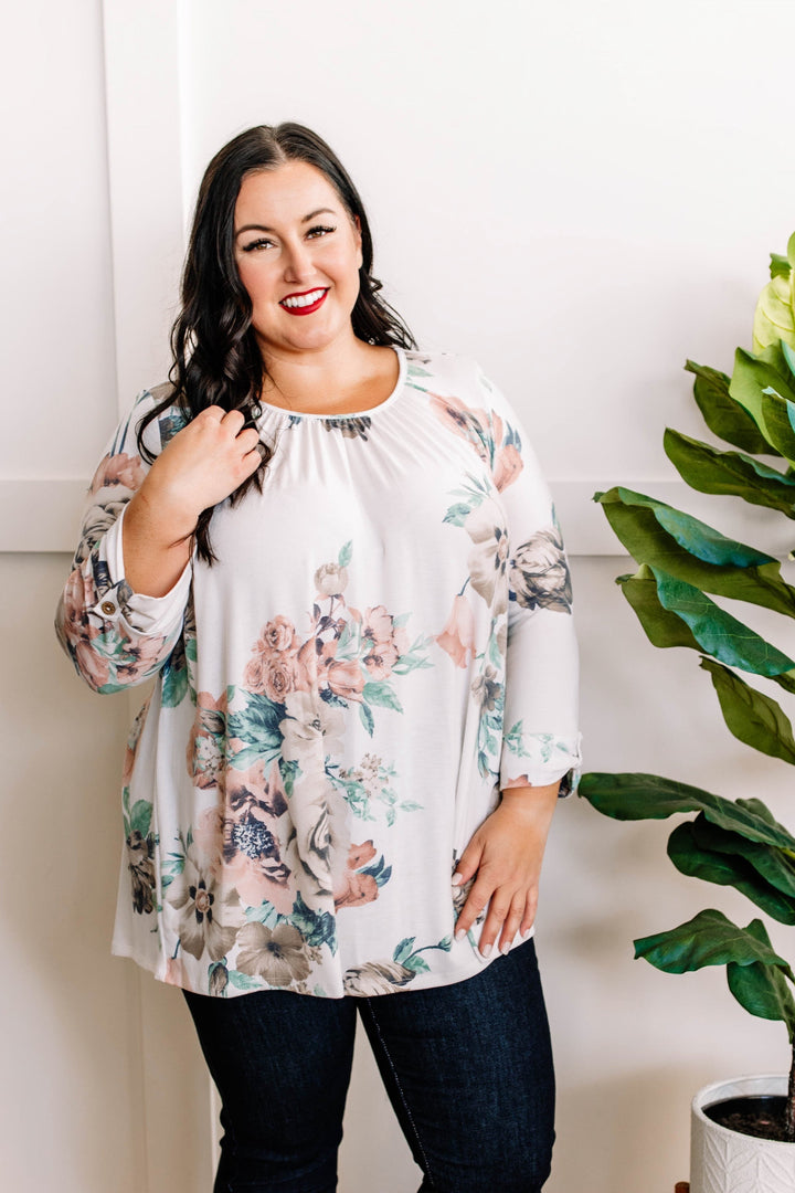Ivory Floral Three-Quarter Sleeve Top With Button Detail