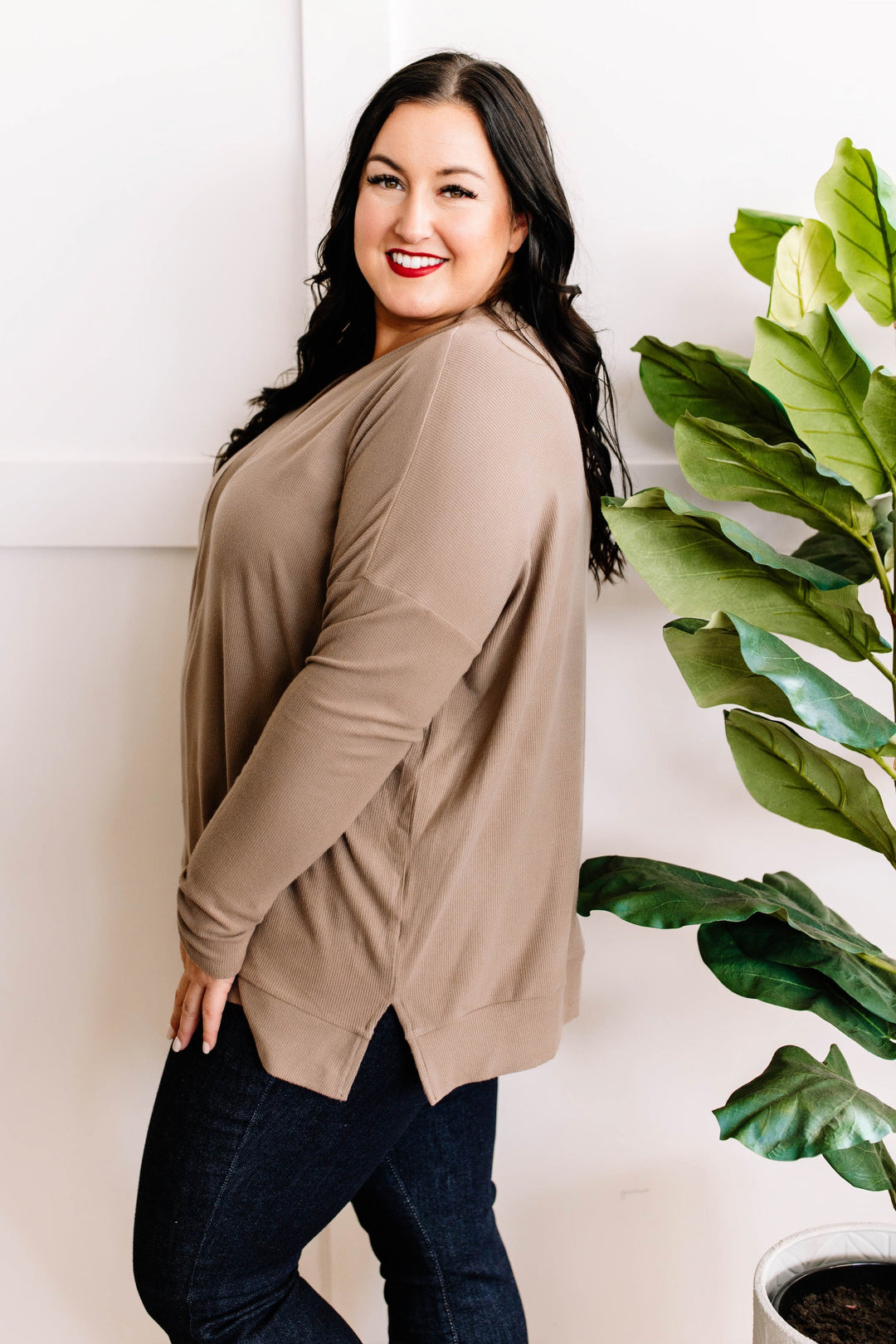 Long Sleeve V Neck Tunic Top In Beige