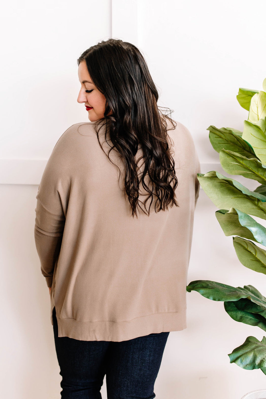 Long Sleeve V Neck Tunic Top In Beige