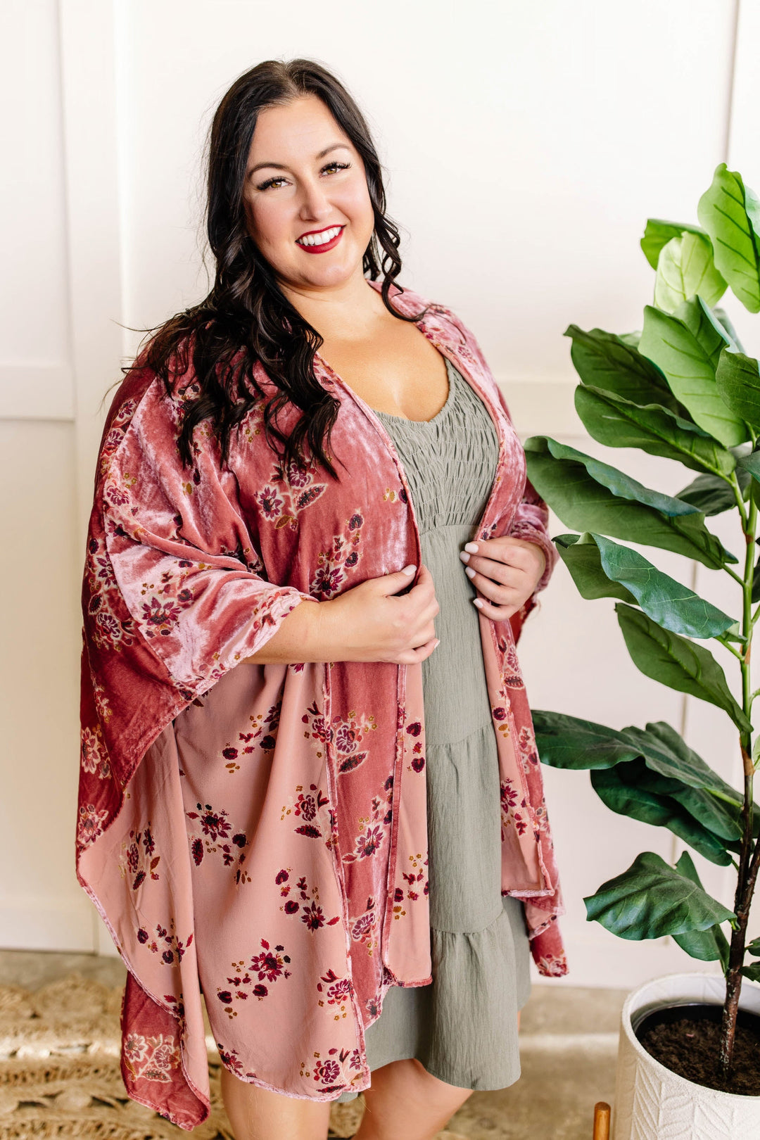 Ultra Soft Velvet Floral Kimono In Dusty Pink