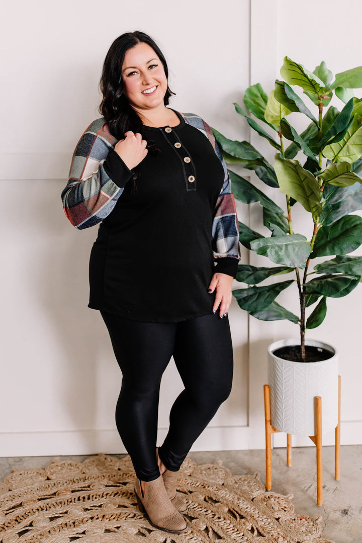 Button Front Henley With Plaid Sleeves In Black