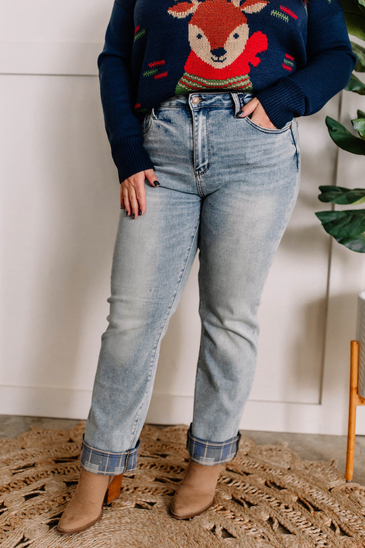 Plaid Cuffed Light Wash Straight Leg Judy Blue Jeans