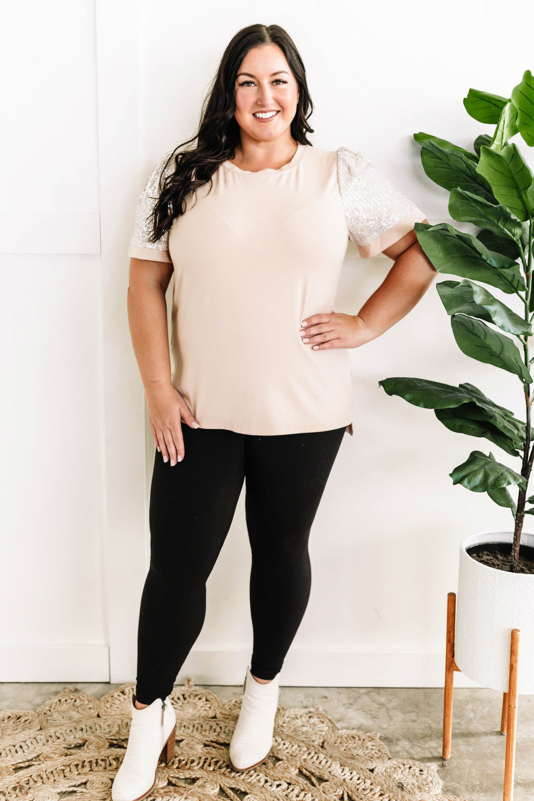 Sequin Sleeve Detailed Top In Nude
