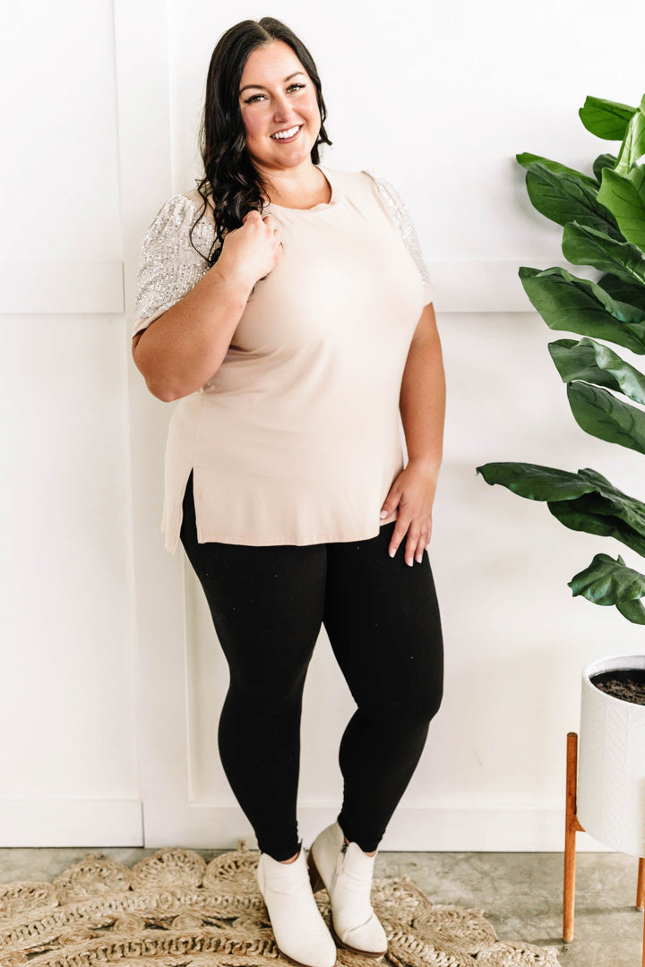 Sequin Sleeve Detailed Top In Nude