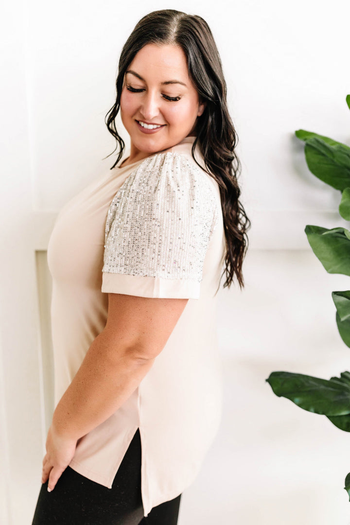 Sequin Sleeve Detailed Top In Nude
