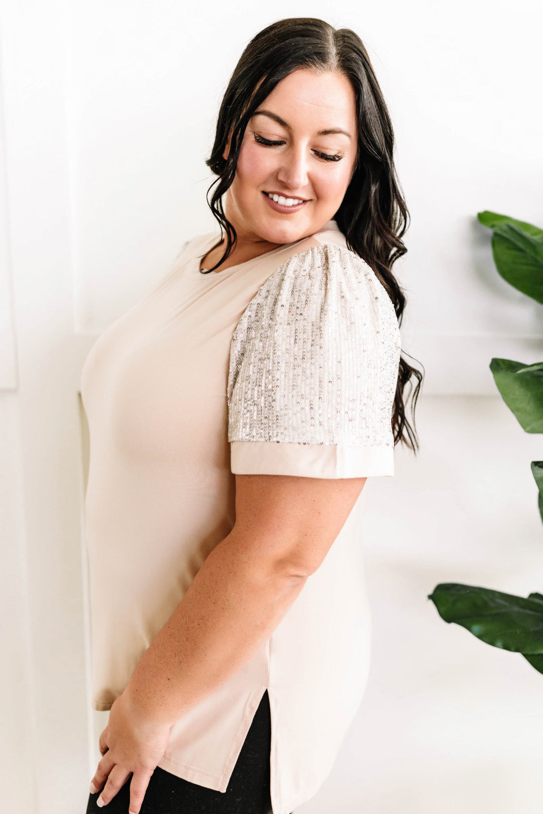 Sequin Sleeve Detailed Top In Nude