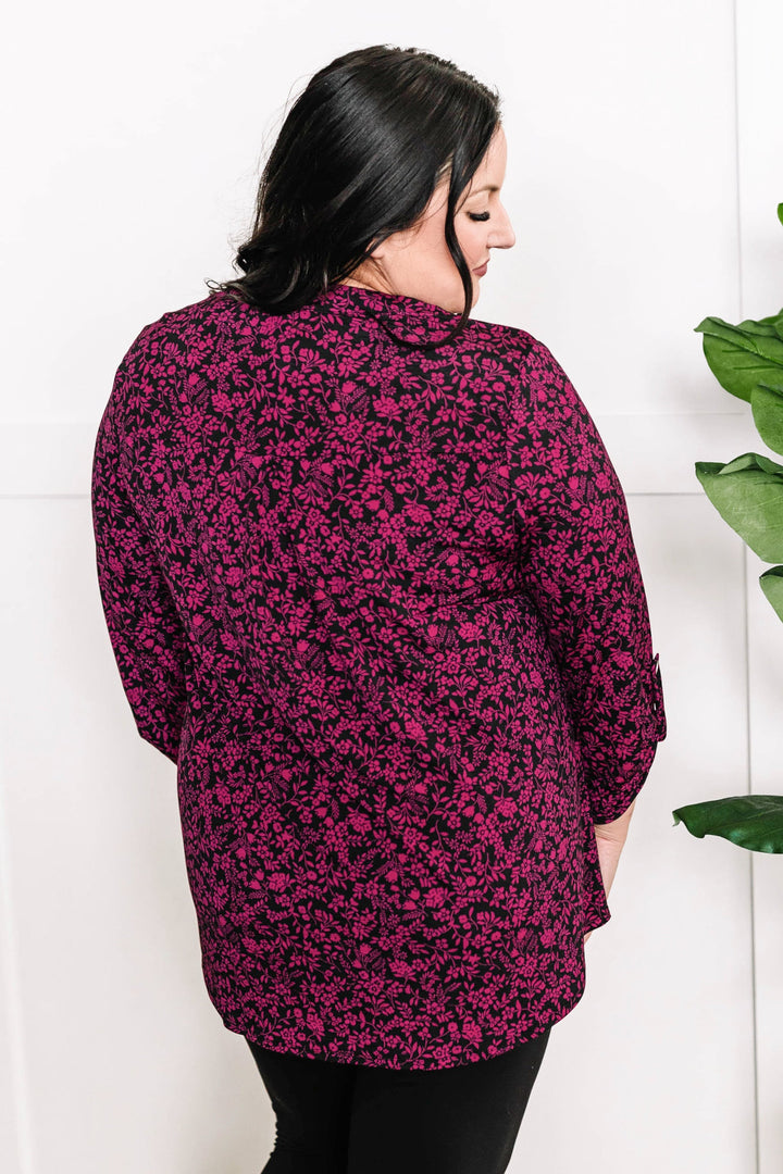 Gabby Front Top With Button Sleeve Detail In Magenta Florals