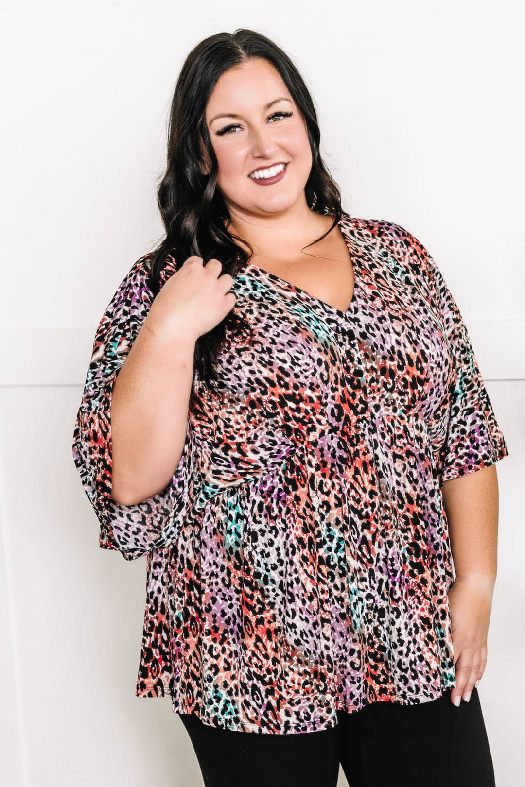Dolman Sleeve Babydoll Top In Leopard Multi
