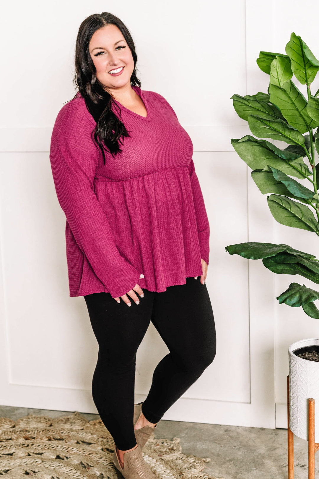 Waffle Knit Hooded Babydoll Top In Magenta
