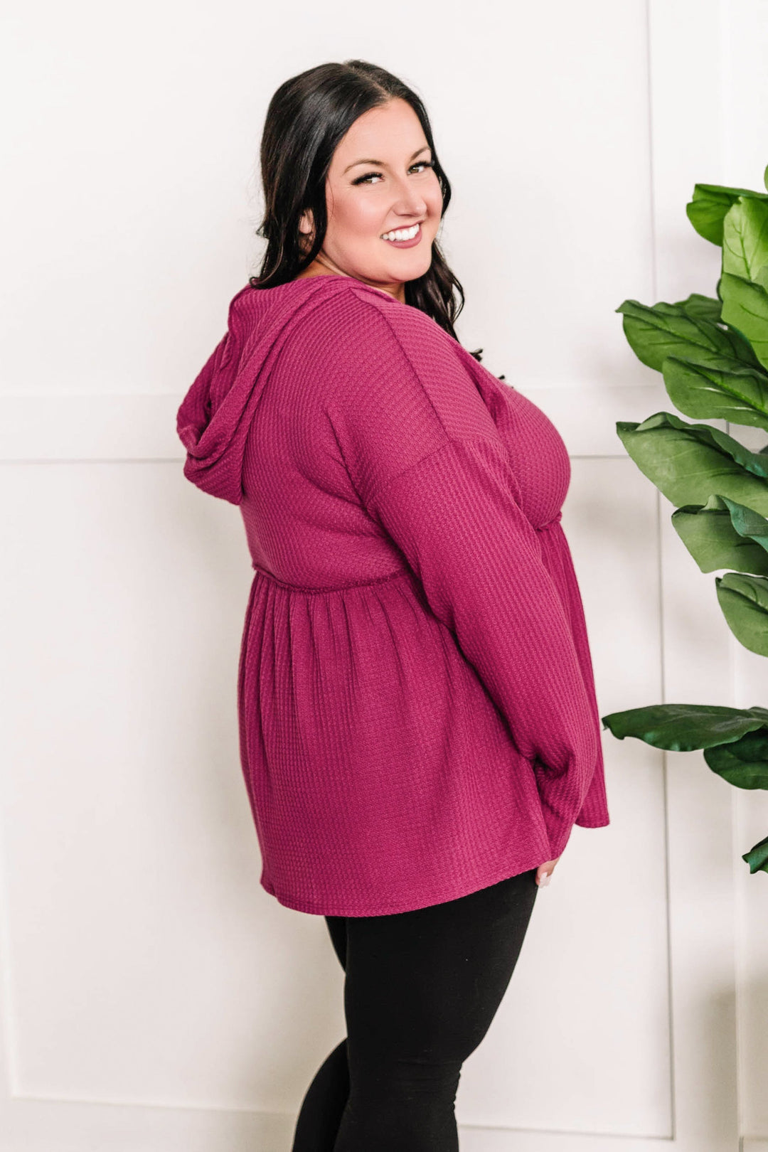 Waffle Knit Hooded Babydoll Top In Magenta