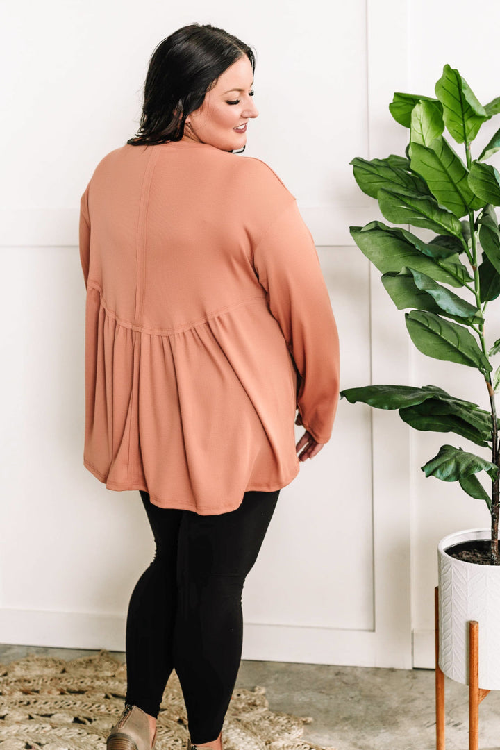 Knit Babydoll Rounded Hem Detail Top In Soft Tuscan