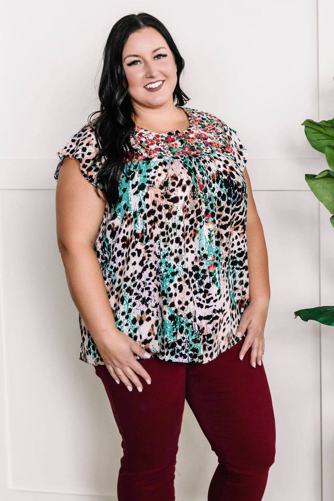 Embroidered Floral and Animal Print Blouse In Teal Multi