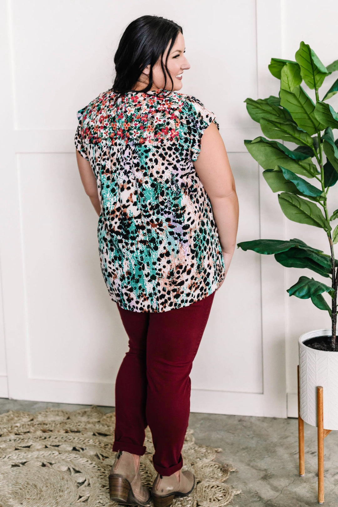 Embroidered Floral and Animal Print Blouse In Teal Multi